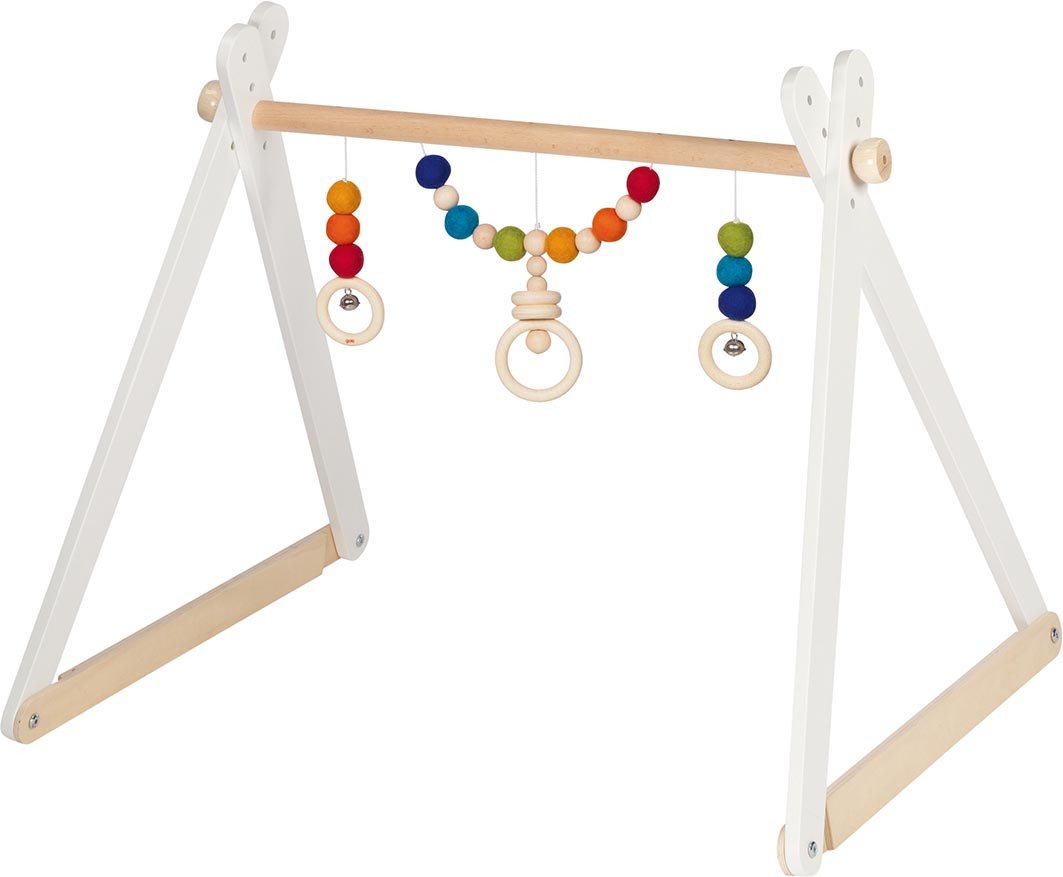 goki Greifspielzeug Baby-Fit Regenbogen, höhenverstellbarer Greif- und Spieltrainer aus Holz und Filz mit bunten Perlen und Glöckchen