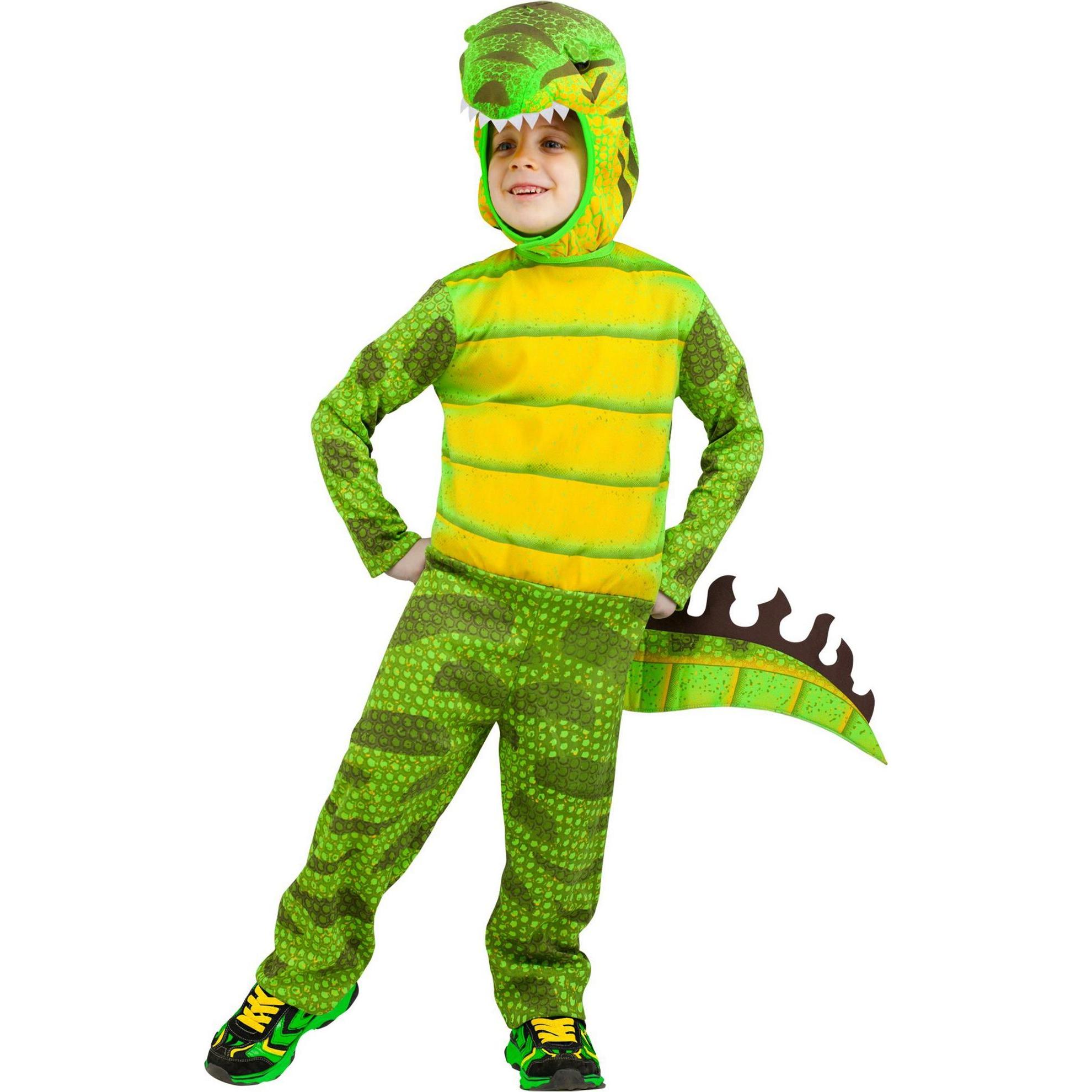Fun World Division Raptor Dino Kinderkostüm, grüner Jumpsuit mit Schwanz und separater Kopfbedeckung
