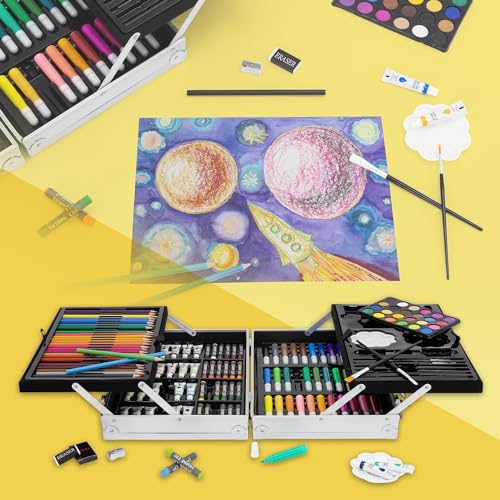 ECD Germany Malkoffer Kreativset 145-tlg, Aluminium mit Buntstiften, Aquarellfarben & Zubehör, silber