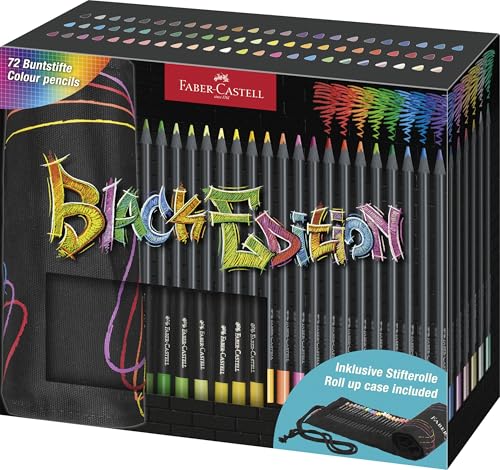 Faber-Castell 116418 Buntstifte Set, 72 Black Edition mit Metallic- und Neonfarben, ergonomisches Design, inklusive Stifterolle