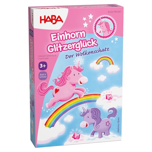HABA Einhorn Glitzerglück Der Wolkenschatz, Sammelspiel für 2-4 Spieler ab 3 Jahren mit 60 glitzernden Wolkenkristallen und 4 Einhörnern