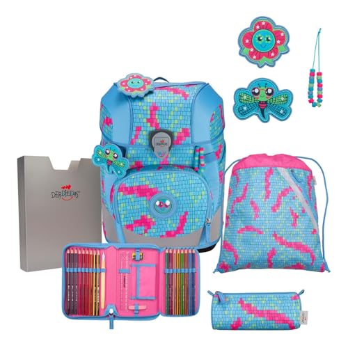 DerDieDas ErgoFlex Tiny Schulranzenset 5-teilig Happy Pixel mit ergonomischem Rücken und atmungsaktiven Gurten