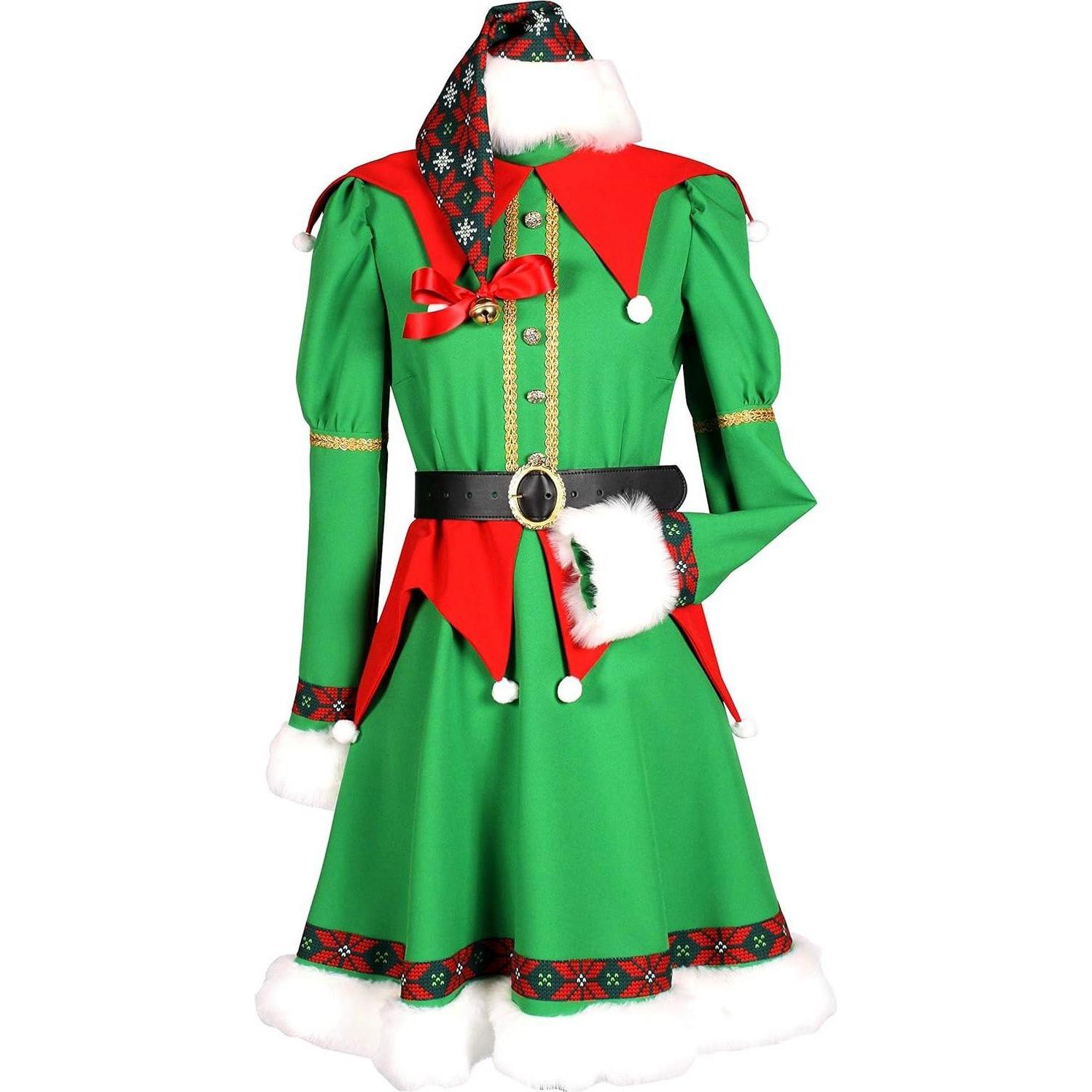 Thetru Festliche Weihnachtselfe Kostüm, grünes knielanges Kleid mit Weihnachtsmütze und breitem Gürtel, XL