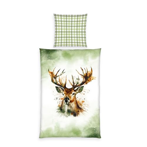 Herding Home Edition Bettwäsche Hirsch, 100% Baumwolle/Renforcé, Kissenbezug 80x80cm, Bettbezug 135x200cm, Markenreißverschluss