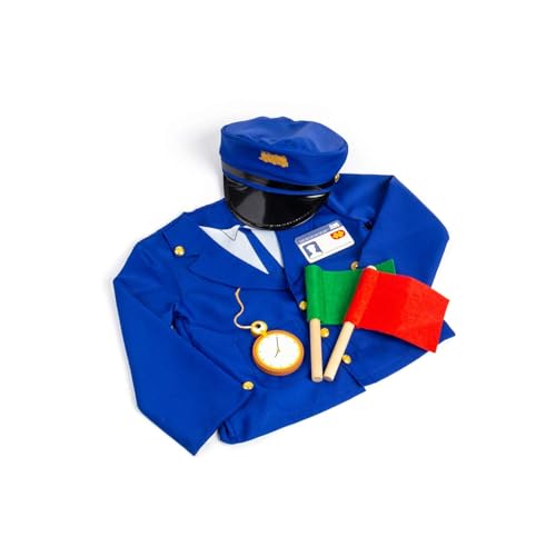 Bigjigs Toys Zug Dirigent Dress Up Set, 6-teiliges Kinderkostüm mit Jacke, Hut, Taschenuhr, Namensschild und Signalfahnen, geeignet für Kinder ab 3 Jahren