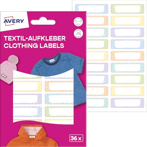 AVERY Zweckform ETVET36M Namensaufkleber wasserfest für Kleidung, 36 Stück, beschriftbare Textil-Etiketten aus Vinyl-Folie, pastell, für Waschmaschine und Trockner