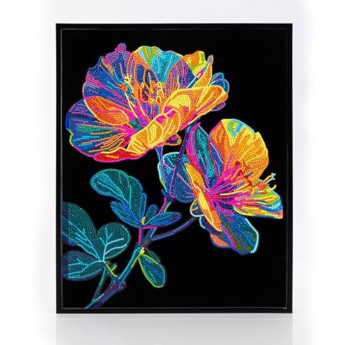 Diamond Dotz Kreativset Diamond Painting Neon Blumen, 13-Facettenschliff Strasssteine auf schwarz beflocktem Hintergrund