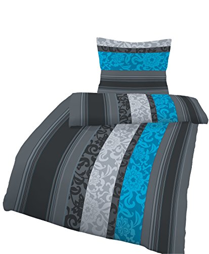 Soma Fein-Biber Bettwäsche Garnitur 135x200 cm 80 x 80 cm anthrazit/Petrol Streifen - Preisvergleich