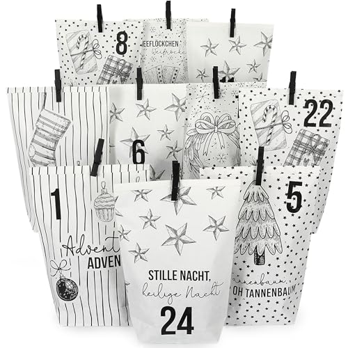 PAPIERDRACHEN Extravaganter Adventskalender zum Befüllen - mit 24 weißen Geschenktüten und 24 Zahlenaufklebern - Motiv Christmas Set 15 - zum Basteln und Verschenken - Weihnachten & Advent