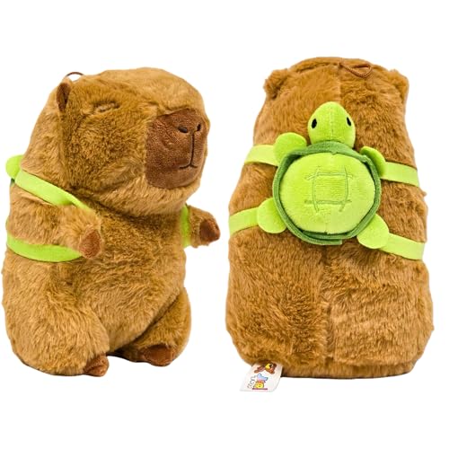 SOMA Capybara Kuscheltier braun 40 cm mit Schildkröten-Rucksack, Plüschfigur für Kinder und Erwachsene
