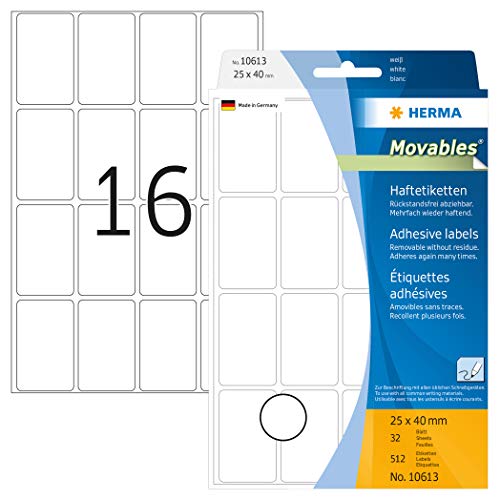 HERMA 10613 Etiketten ablösbar weiß, 32 Blatt, 25 x 40 mm, 16 pro Bogen, 512 Aufkleber, selbstklebend, Vielzweck Klebeetiketten zum Beschriften, Universal Haftetiketten aus Papier, blanko