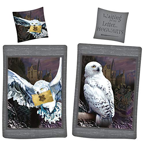 BERONAGE Harry Potter Wende-Bettwäsche Hedwig Eule 135 x 200 + 80 x 80 cm 100% Baumwolle Renforcé-Linon-Qualität mit YKK-Reißverschluss Hogwarts Gryffindor Hufflepuff Ravenclaw Slytherin deutsche Größe, weiß