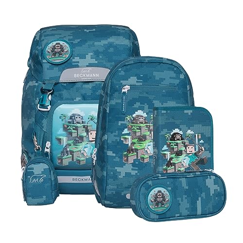 Beckmann Schulranzen Classic (6tlg., blau) mit Sportrucksack, Federmäppchen, Schlamperrolle, inkl. Buttons und wasserdichtem Innenfach