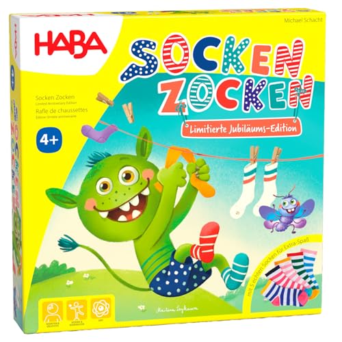 HABA Socken Zocken Jubiläums-Edition Familienspiel ab 4 Jahren Inkl. echter Socken & Holzfiguren 20 Jahre Sonderedition - 2011722001, Brettspiel mit echten Socken & Holzfiguren