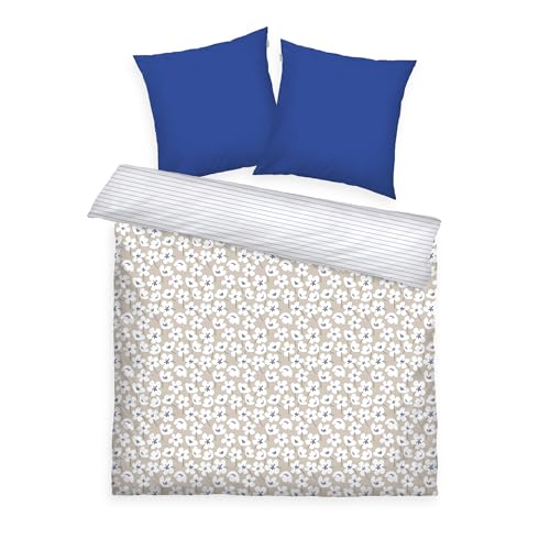 TOM TAILOR Renforcé-Bettwäsche FRESH FLOWERS, 100% Baumwolle, Wendemotiv, 2x 80x80 cm + 200x220 cm, farbiger Reißverschluss, Blau, Beige (Cobalt & Sunny Sand)
