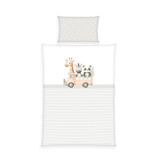 Herding babybest Kleinkinder-Bettwäsche-Set, Adventure Buddies Wendemotiv, 100% Baumwolle/Renforcé, Kopfkissenbezug 40 x 60 cm, Bettbezug 100 x 135 cm, mehrfarbig, mit Reißverschluss und Hoteleinschlag