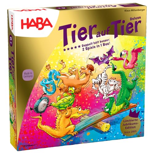 Haba Tier auf Tier Deluxe, Brettspiel mit wackeligen Tierpyramiden für Geschicklichkeitsspieler
