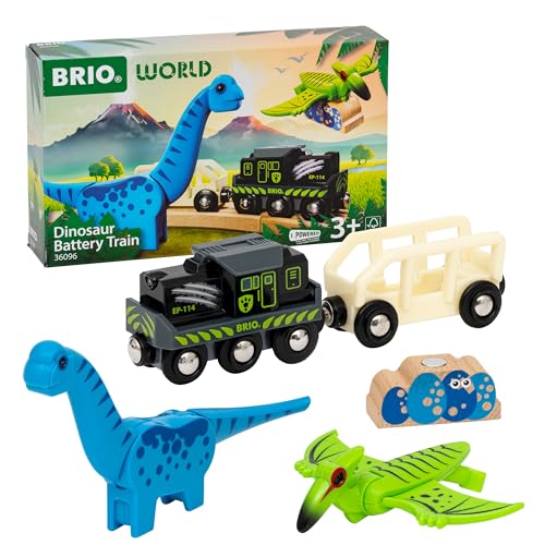 BRIO® Dinosaurier Batteriezug, 5-tlg. Spielzeug-Eisenbahn Set mit beweglichen Dinosaurierfiguren und Frontscheinwerfern, FSC® zertifiziert