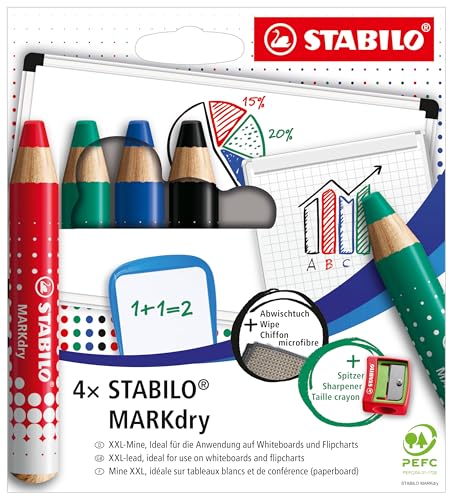 STABILO MARKdry Whiteboardmarker, 4er Etui mit XXL-Mine, lösungsmittelfrei und geruchsneutral, trocken und nass abwischbar