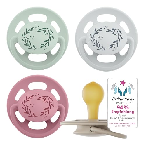 nip Schnuller Cherry Greenline, Beruhigungssauger im 4er Set, runde Kirschformschnuller mit extra dünnem Schaft, Latex, für 0-6 Monate, BPA-frei