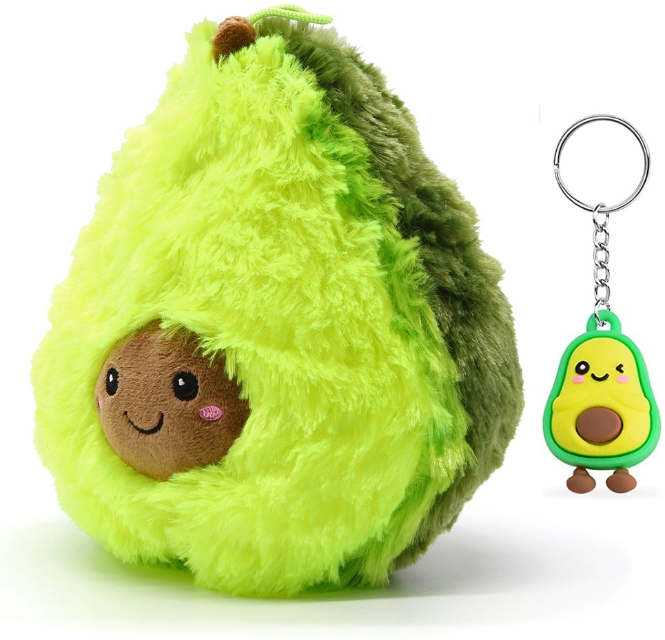 Soma Plüsch-Kissen Avocado Sofa-Rückenkissen Rund Lebensmittel Spielzeug Kuschel-Tier Plüsch-Tier Toy Früchte grün (Avocado 15 cm) + GRATIS Schlüsselanhänger