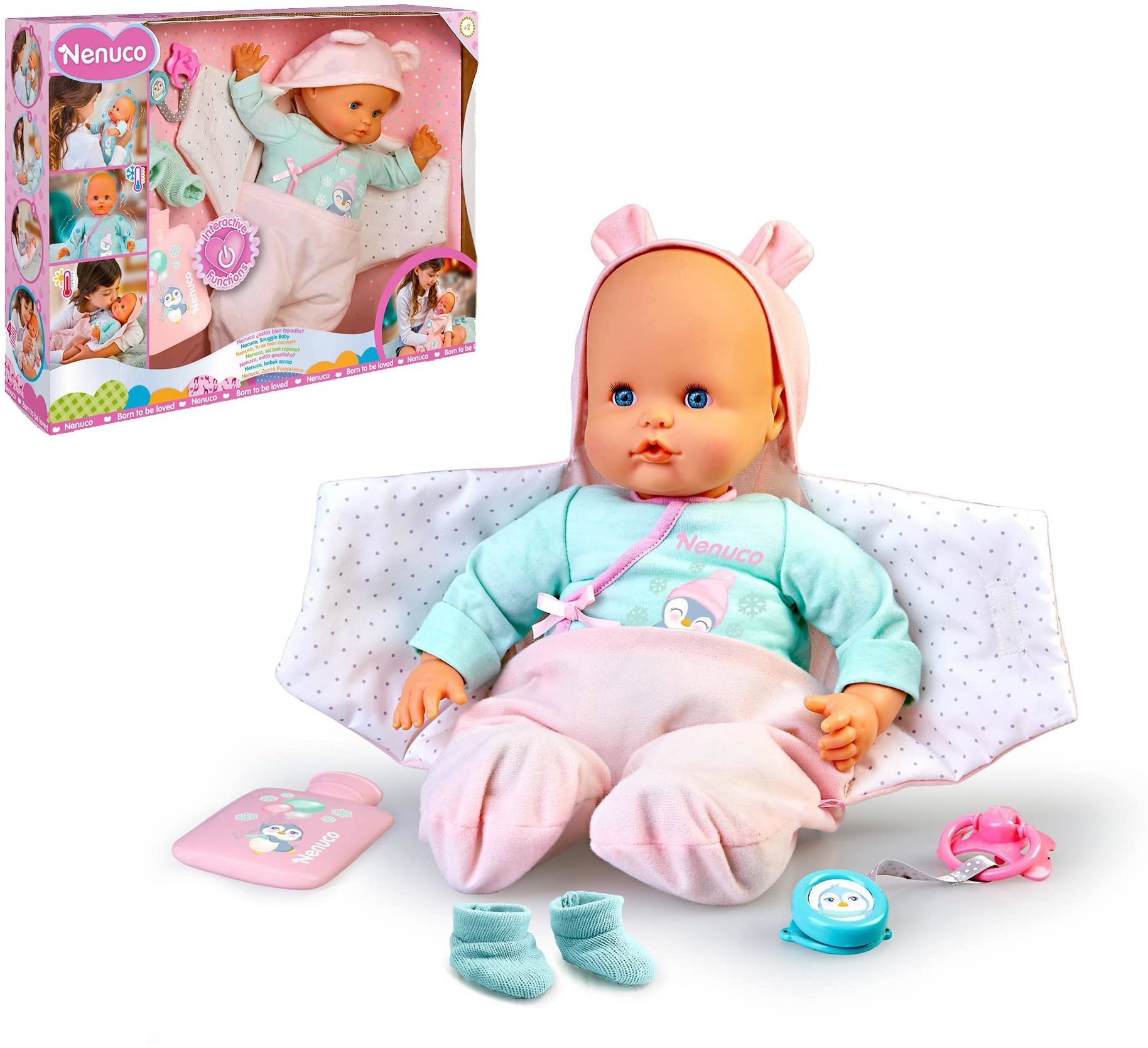 Nenuco - Ist Mein Baby gut zugedeckt?, Babypuppe Weichkörper, die krank Wird, zugedeckt Wird, zittert und Fieber hat, mit Schnuller und Babyschühchen als Pflegezubehör, Famosa (700017360)