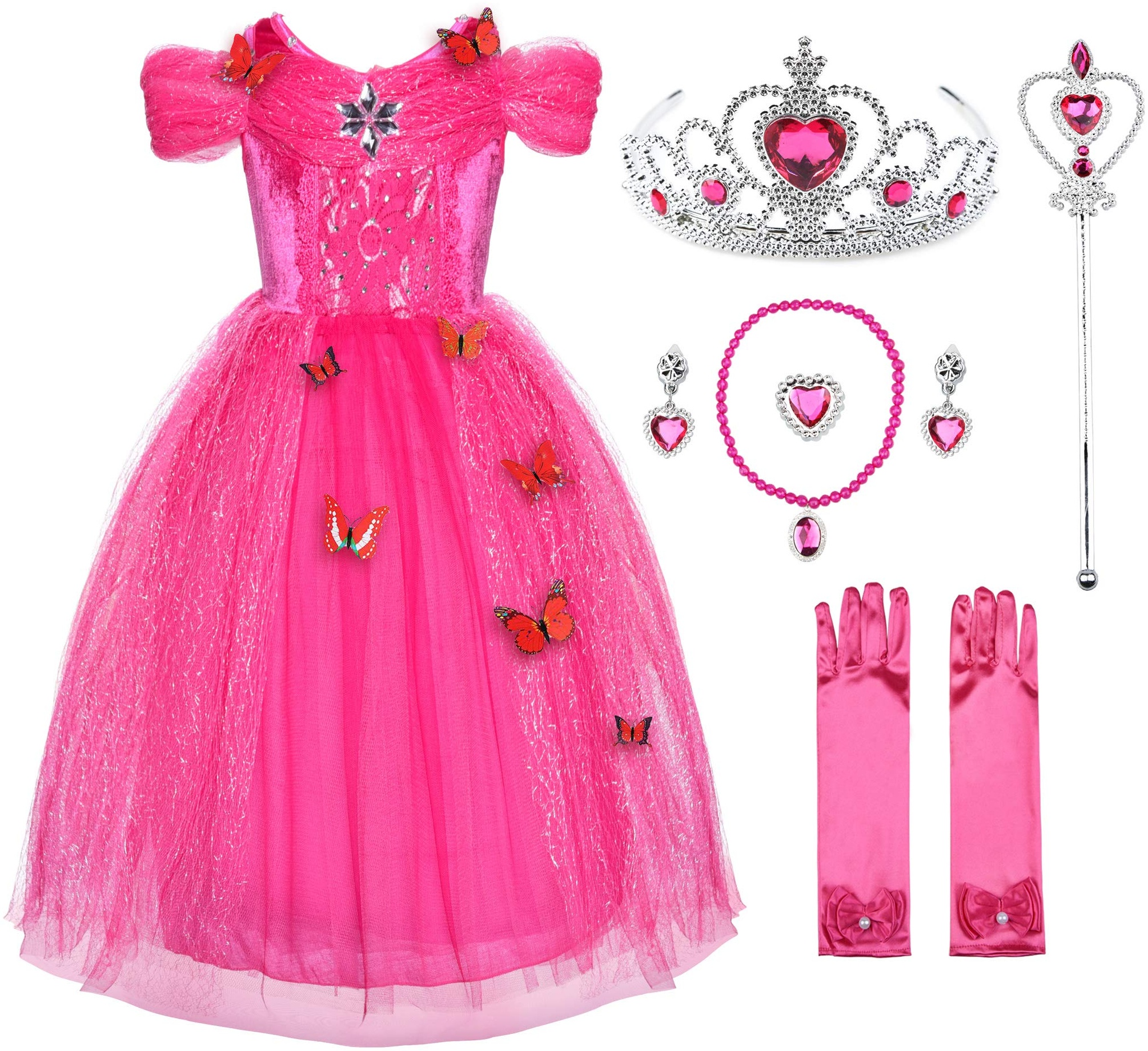 JerrisApparel Aschenputtel Kleid Prinzessin Kostüm Schmetterling Mädchen (110, Rose mit Zubehör)