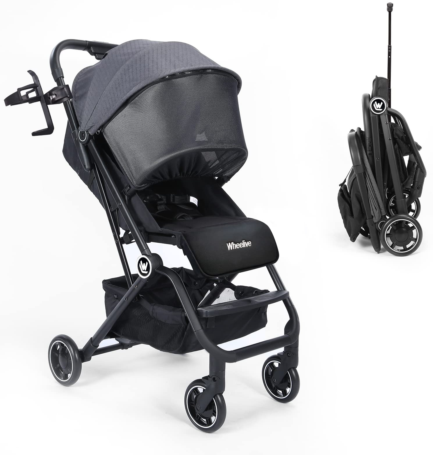 Wheelive Leichter Kinderwagen, Kompakter Einhand-Buggy Zum Einfachen Zusammenklappen mit Verstellbarer Rückenlehne und Ablagekorb, Schlafrollo - Kinderwagen für Flugreisen und mehr