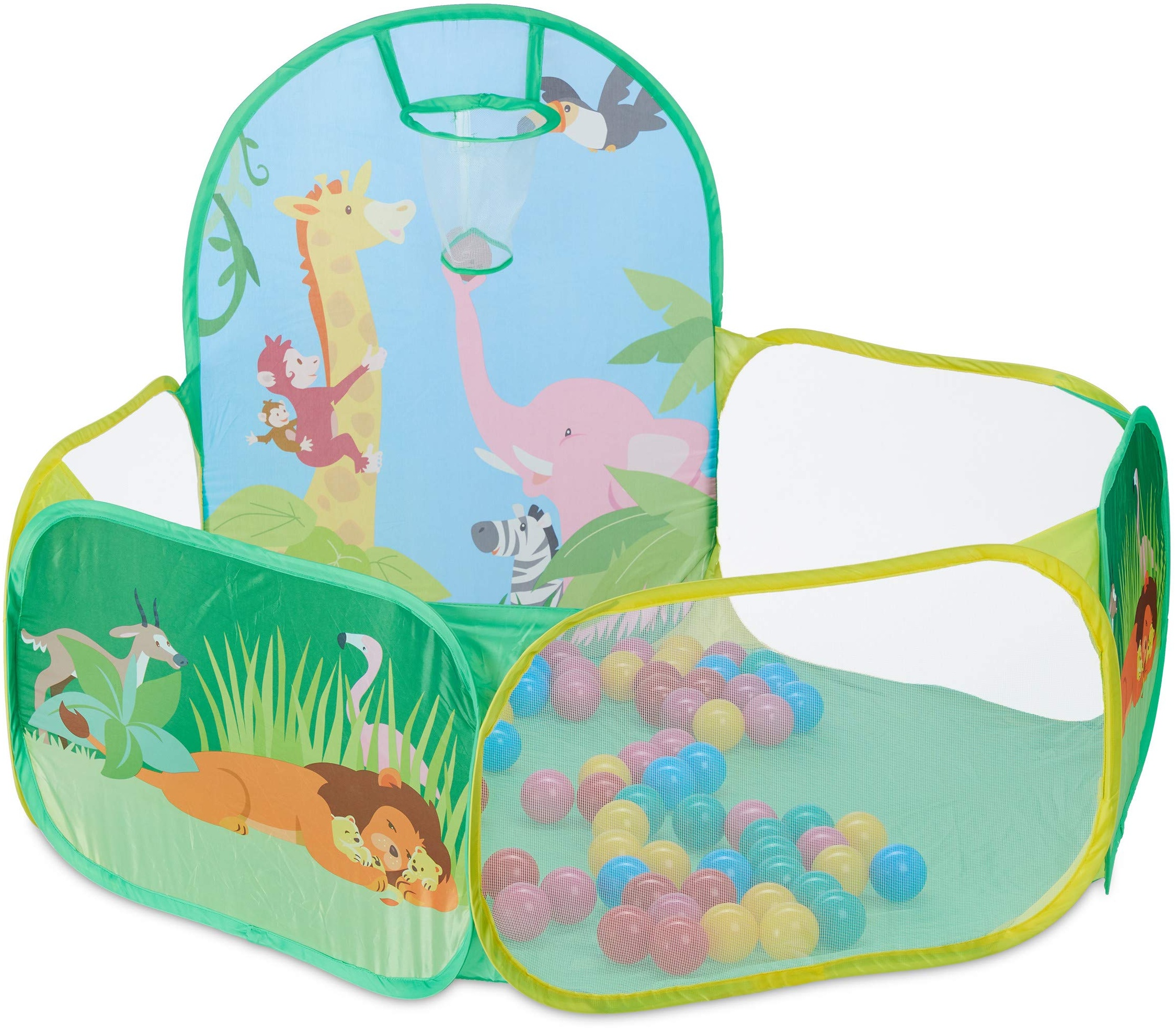Relaxdays Bällebad, mit 50 Bällen und Basketballkorb, Pop Up Ballpool eckig, Bällchenbad für Kinder, 81x129x108 cm, bunt, 10035298