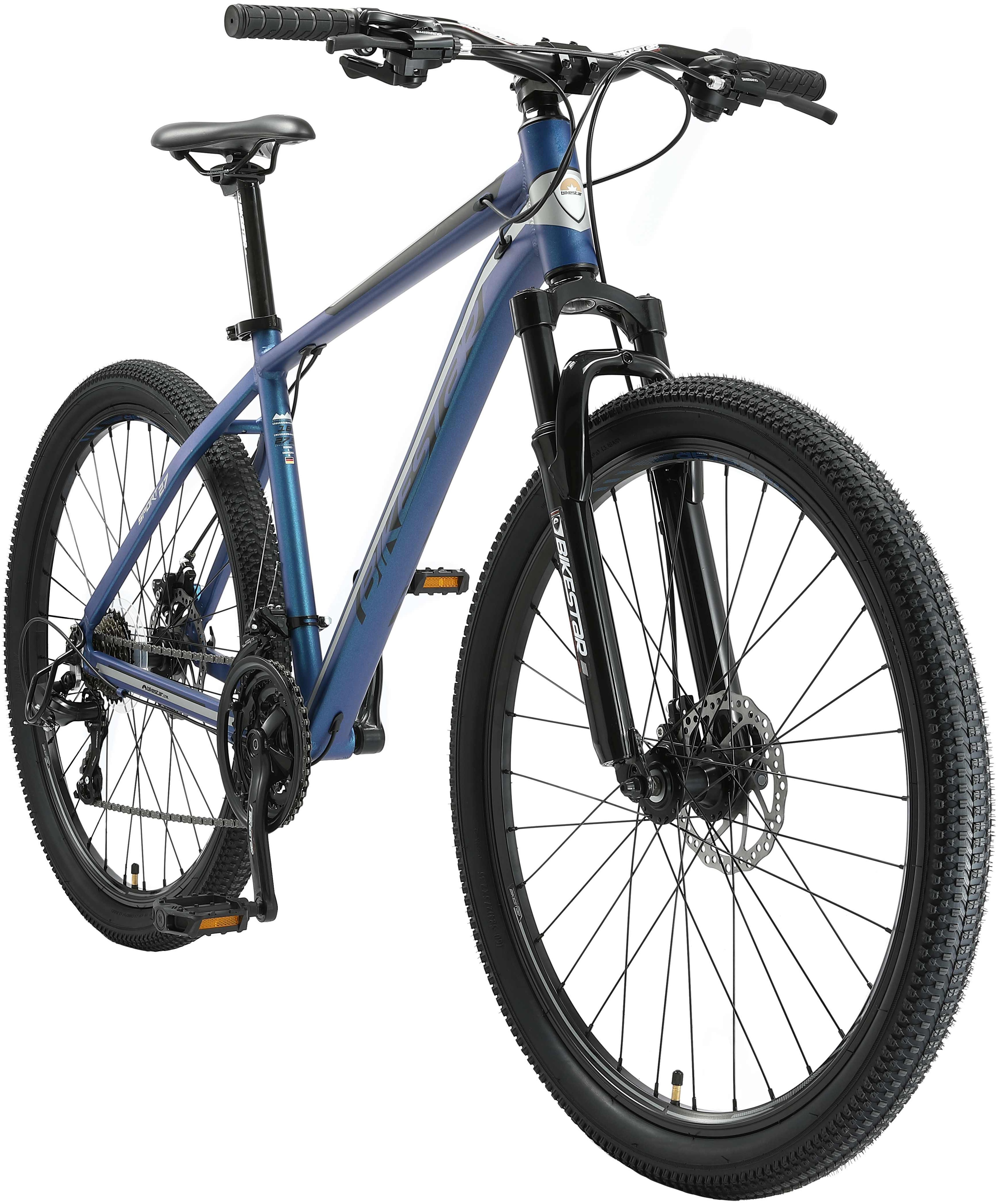 BIKESTAR Alu Mountainbike 27. 5 Zoll | 21 Gang Hardtail Sport MTB 18 Zoll Rahmen Scheibenbremse Federgabel | Blau Silber