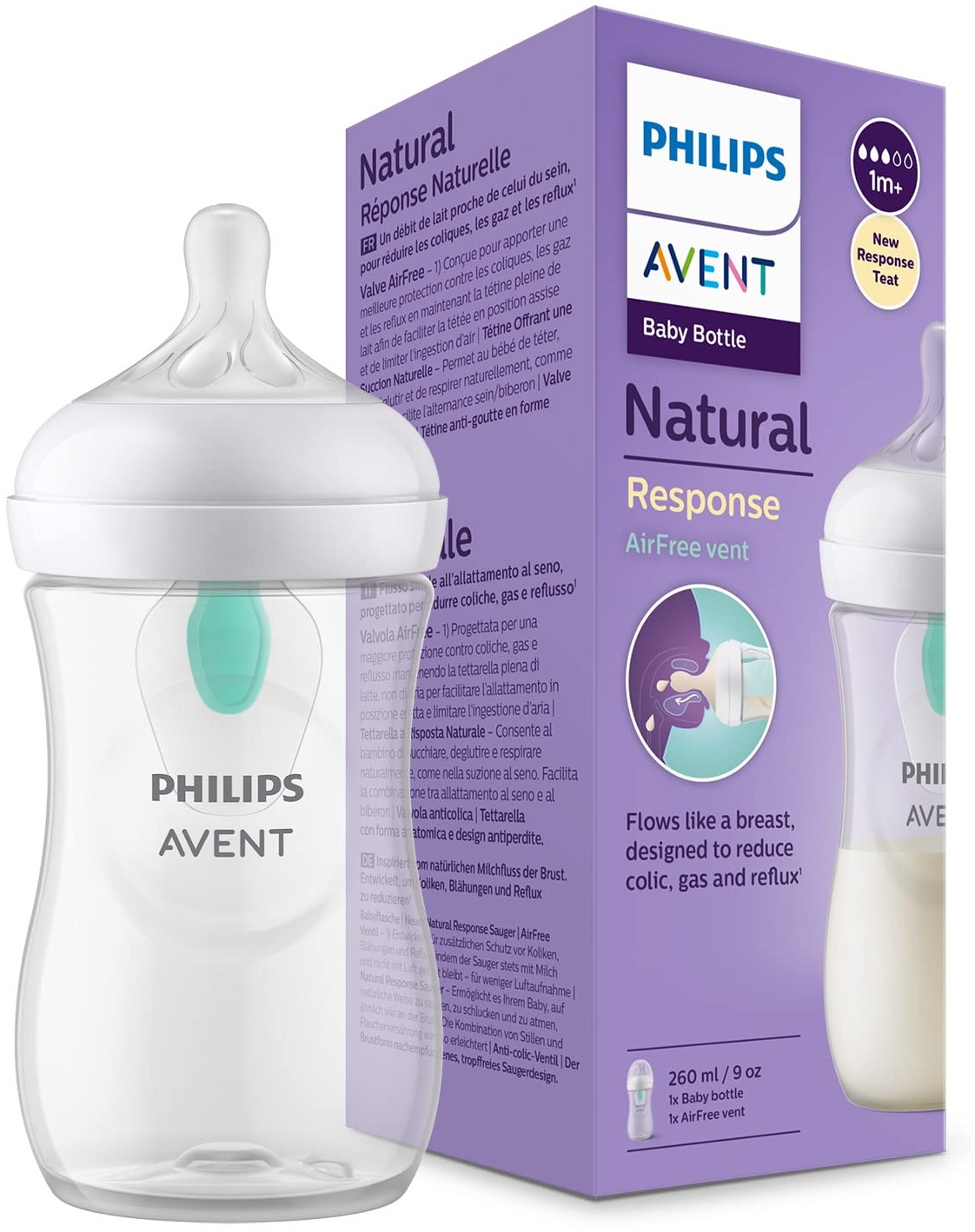 Philips Avent Babyflasche Natural Response – Babyflasche mit AirFree Ventil, 260 ml, BPA-frei, für Neugeborene ab 1 Monat (Modell SCY673/01)