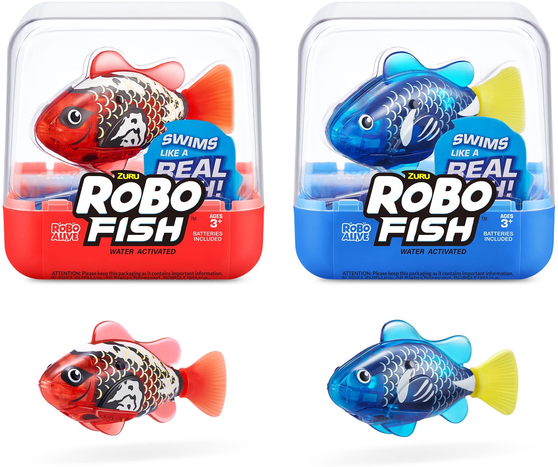 ROBO ALIVE Robo Fish Series 3 Roboter-Fisch, 2er Pack, Blau und Rot, schwimmt in mehrere Richtungen, batteriebetrieben, Spielzeugfisch, Poolspielzeug