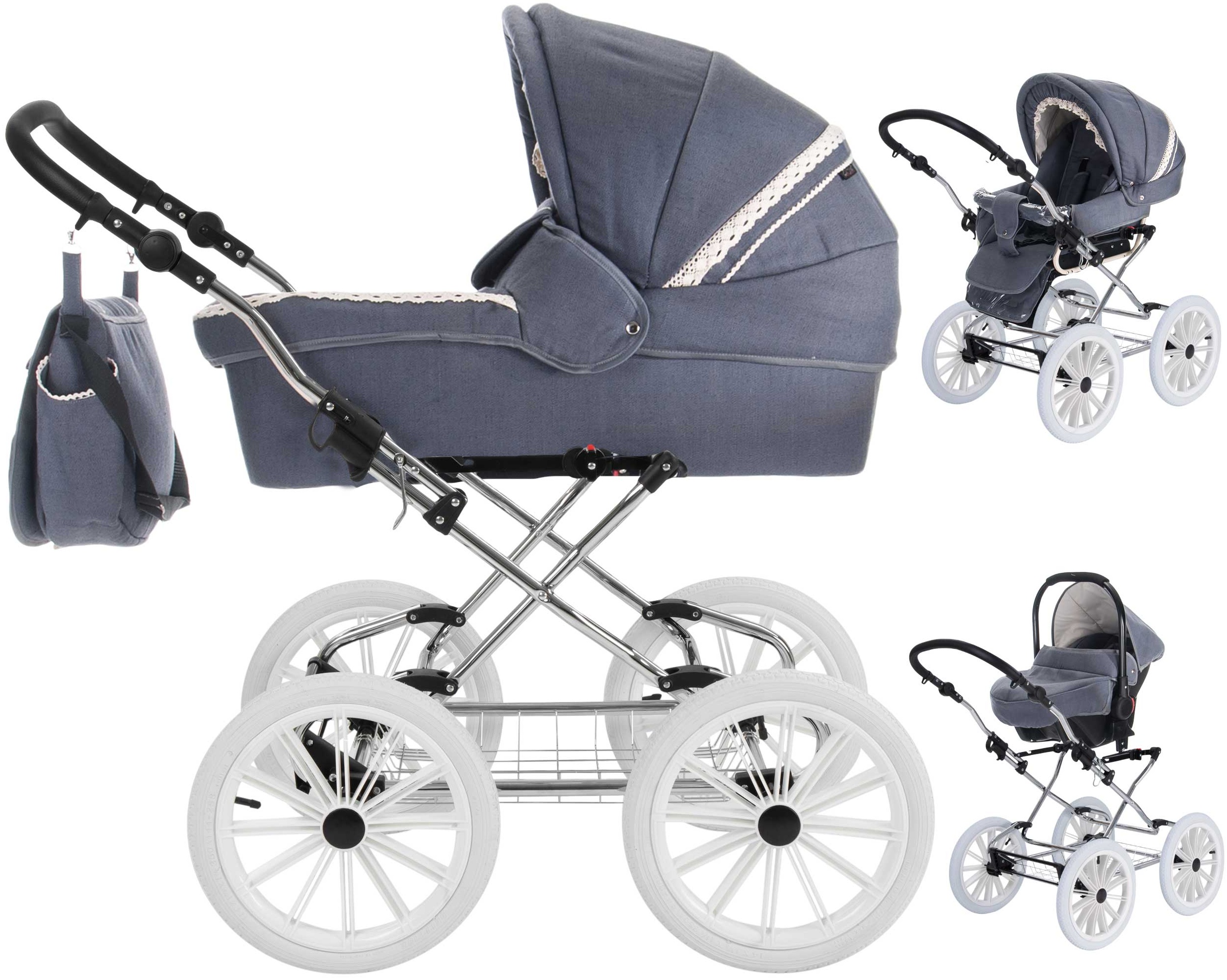 Friedrich Hugo Natureline | 3 in 1 Kombi Kinderwagen Set | Öko Nostalgie Kinderwagen | Farbe: Catherine Stone Silver