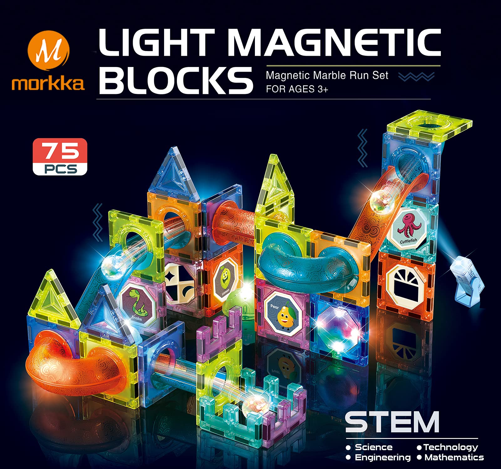 morkka Magnetische Bausteine,STEM Montessori Spielzeug für Kinder 3 4 5 6 7 8 Jahre 3D Lernspielzeug Bausteine Set Konstruktion Blöcke Geschenk für Jungen Mädchen Orbitalblöcke Gleisbau (75PCS)