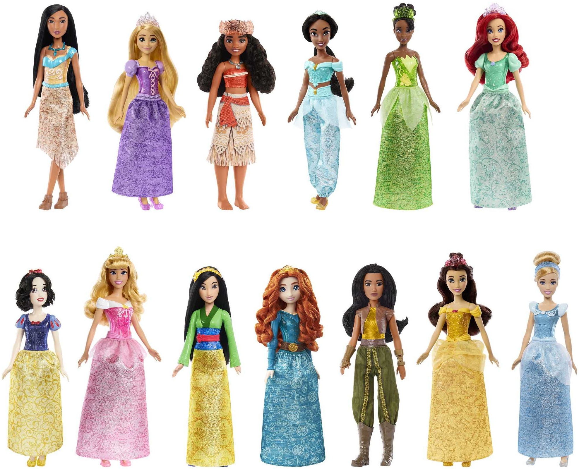 Disney Princess HPG74 - 13 Prinzessinnen-Modepuppen mit Glitzerkleidung und Accessoires, inspiriert von Disney-Filmen, Disney Prinzessin Puppen Spielzeug ab 3 Jahren