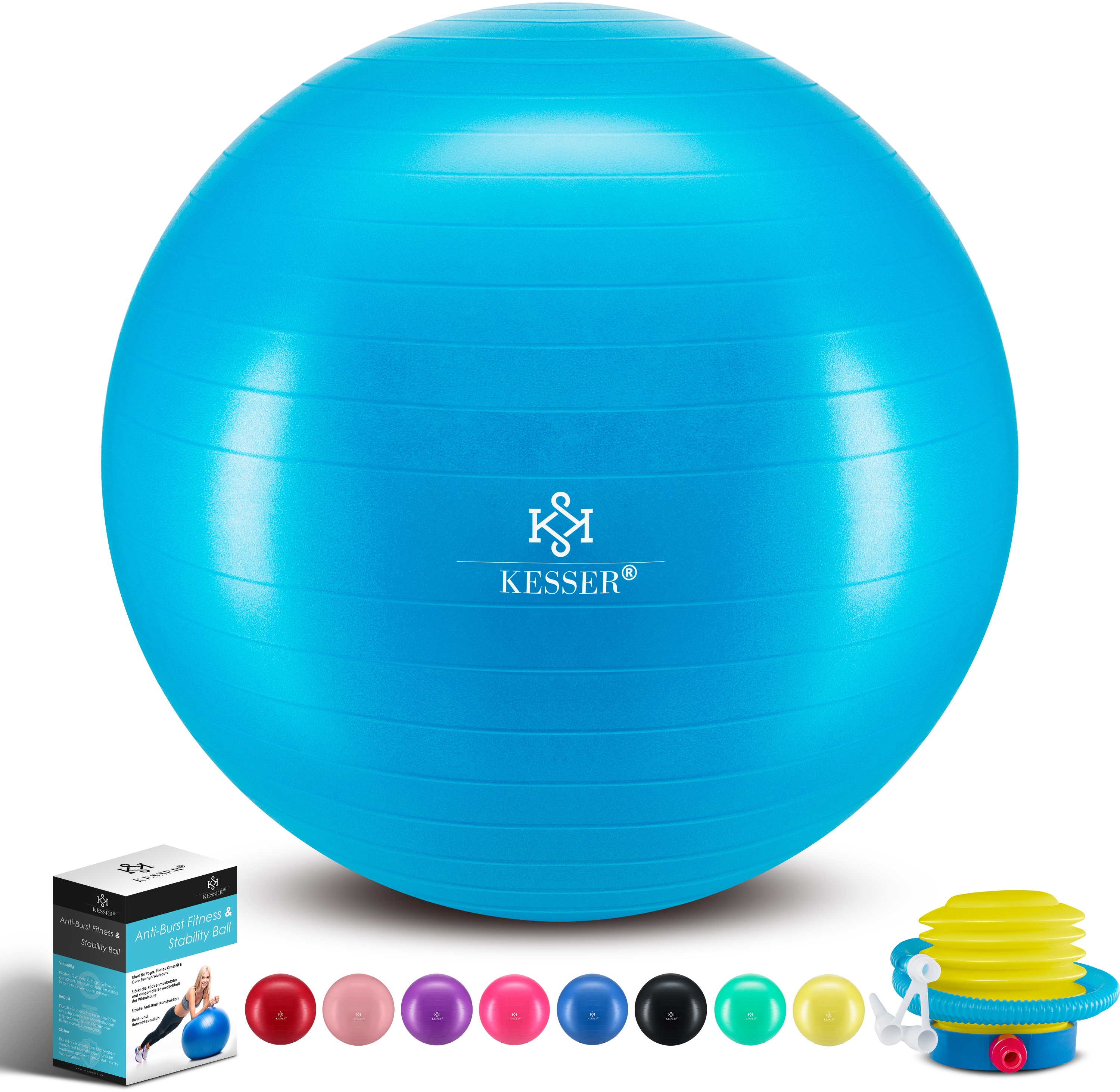 KESSER® Gymnastikball mit Luftpumpe Pumpe - Dicker Yogaball BPA-Frei | Sitzball Büro Anti-Burst H. Blau, 75cm (für Körpergröße 175 - 185cm)