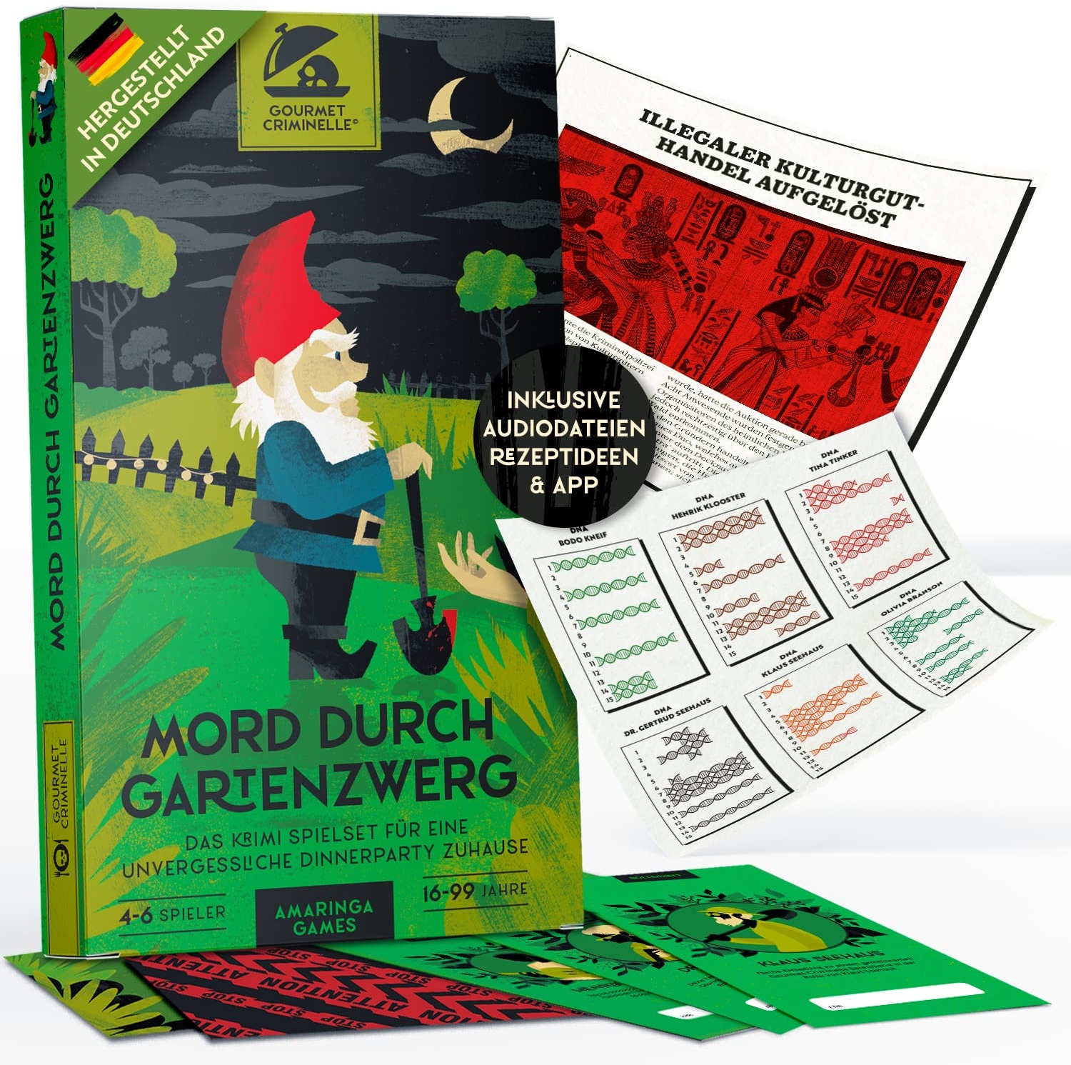 Gourmet Criminelle® Krimidinner für zuhause | 4 bis 6 Personen | Mysteriöser Mordfall für Deine Dinnerparty [Mord durch Gartenzwerg]