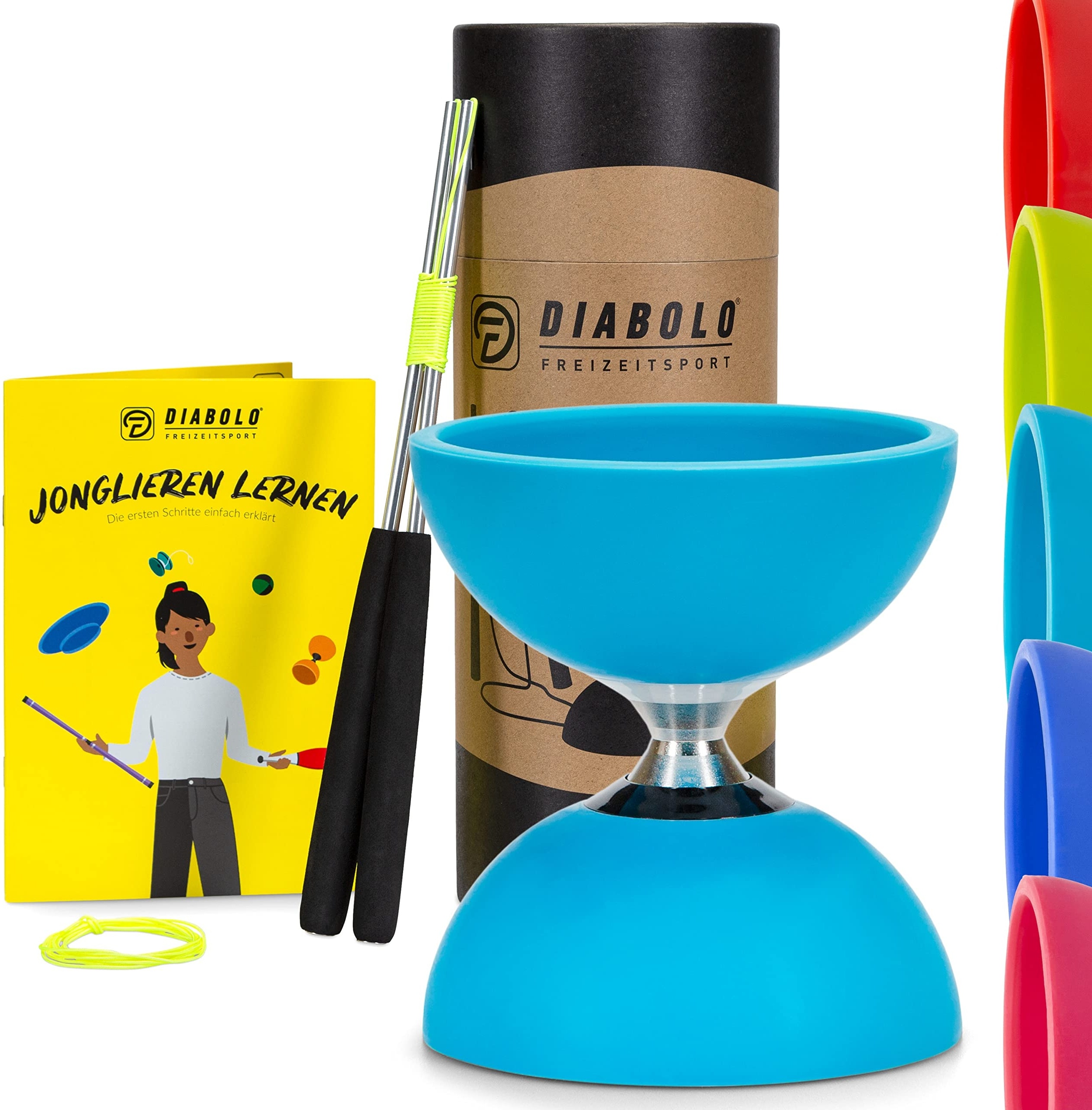 Diabolo Freizeitsport Jonglier-Set Pro mit kugelgelagertem Diabolo (türkis), Handsticks aus Aluminium, Ersatzschnur (160cm) und Gedruckter Anleitung - mit Geschenkverpackung ideal zum Verschenken