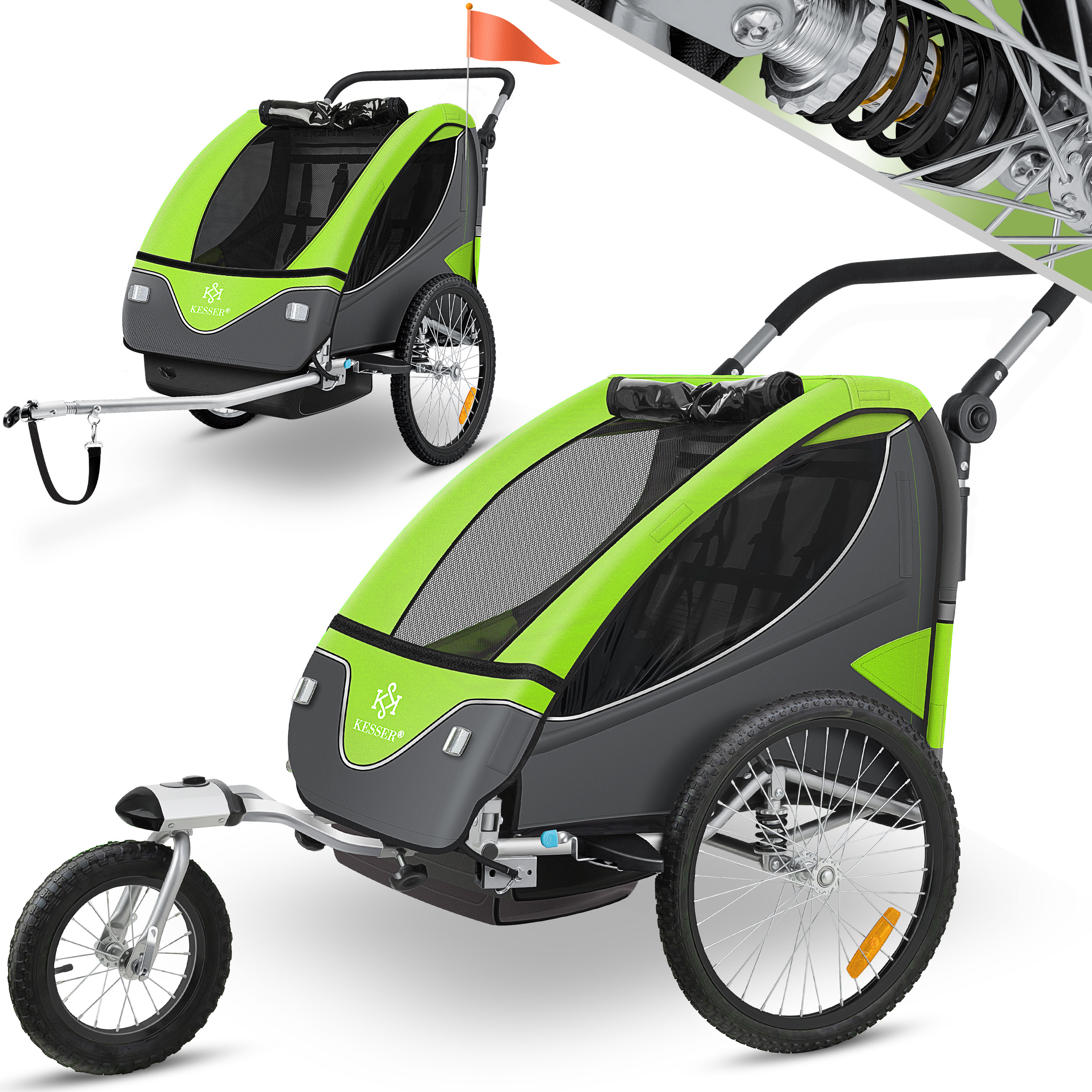 KESSER® 'Cruiser' Fahrradanhänger, 360° Drehbar mit Federung 2in1 Joggerfunktion Kinderfahrradanhänger, 5-Punkt Gurt Jogger Fahrrad Anhänger für 1 bis 2 Kinder max. 40 kg Hellgrün