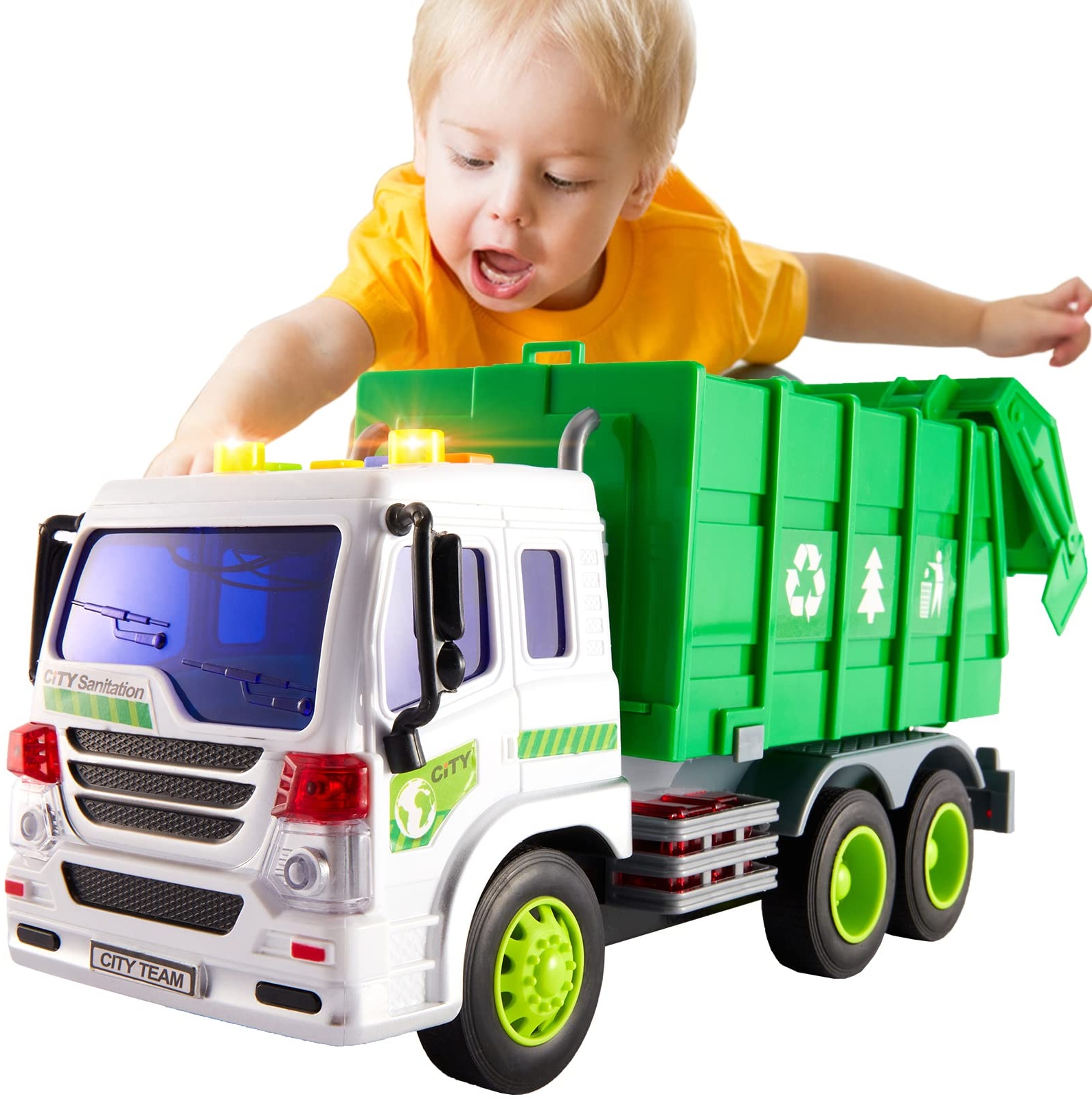 HERSITY Müllauto Spielzeug mit Sound und Licht, 1:16 LKW Müllwagen Grün Autos Fahrzeuge Kinderspielzeug Geschenk für Kinder Jungen 3 4 5 Jahre