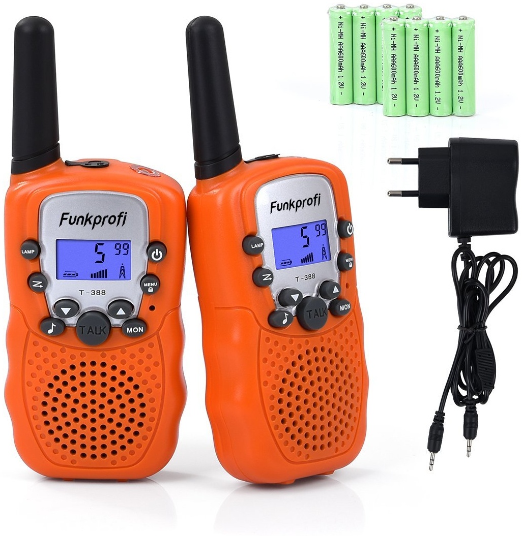 Funkprofi Walkie Talkie Set für Kids, 388 Funkgerät für Kinder mit Wiederaufladbarer Akkus, Hobbyfunker 8 Kanal PMR 446 Reichweite bis 2 – 3 km (2er-Set) Orange