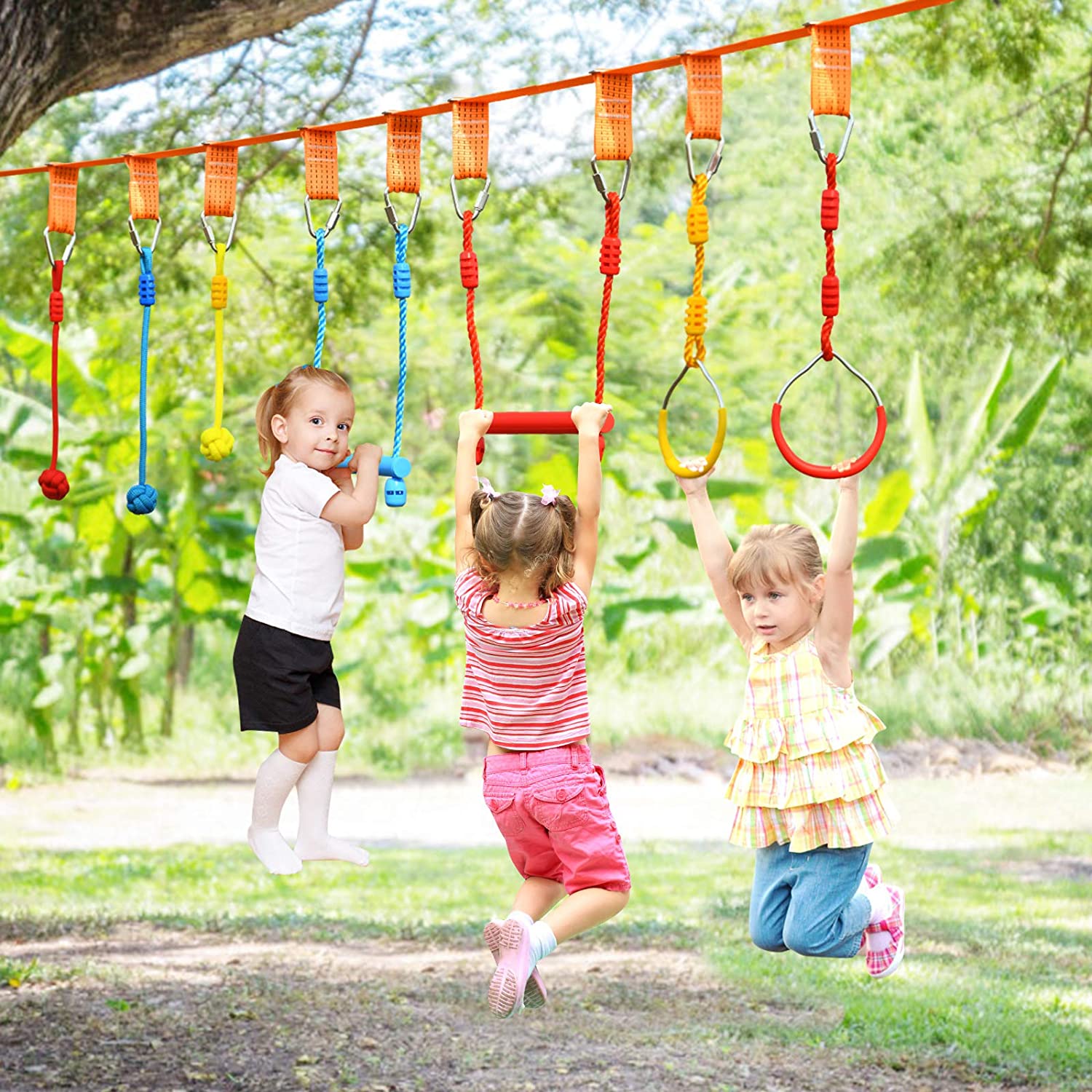 COSTWAY 13M Kinder Slackline hängende Hindernisse Klettergerüst Ninja