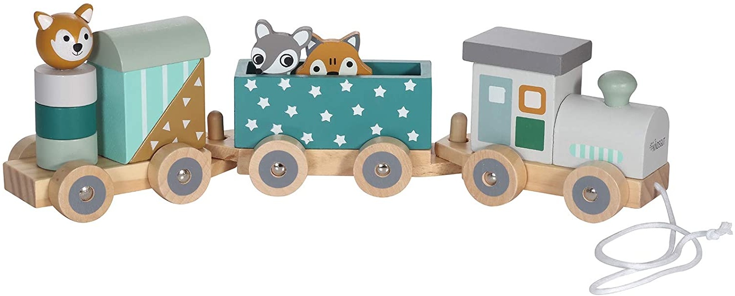 Kindsgut Holz-Eisenbahn, mit Holzbausteinen und Zoo-Tieren, dezente Farben und hochwertige Qualität, umweltfreundliche Materialien und frei von Schadstoffen, Sterne