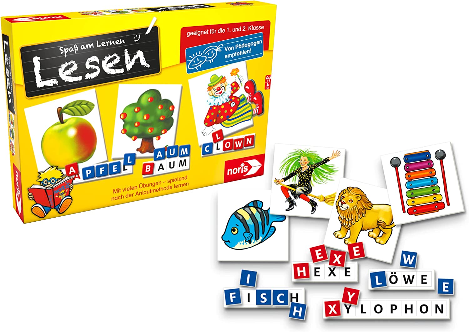 Noris 606076340 Spaß am Lesen, Kinder Lernspiel zum Lesenlernen, Wort, Bildlesekarten und Buchstabensteine für Kindergarten, 1 und 2 Schulstufe, 1-4 Spieler, ab 5 Jahren