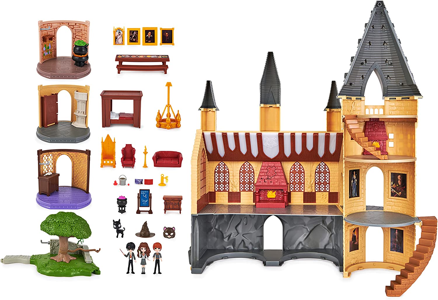 Wizarding World Harry Potter - Hogwarts Schloss Deluxe Spielset mit Licht und Sound sowie 3 Klassenzimmer-Spielsets, 3 Sammelfiguren und 22 Zubehörteilen