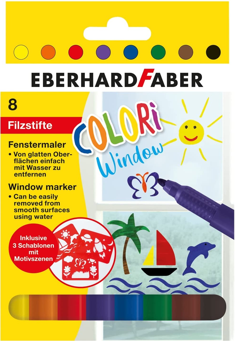 Eberhard Faber 550022 - Colori Window Marker in 8 Farben, Fenster-Malstifte inkl. 3 Schablonen, Filz-Stifte mit weichem Farbabstrich, im Kartonetui, Farb-Stifte zum Malen auf Fenstern