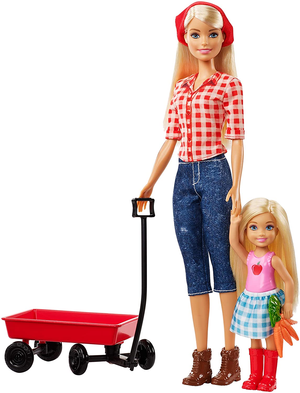 Barbie GCK84 - Farm Barbie und Chelsea Puppe mit rotem Ziehwagen und Zubehör, Puppen und Puppenzubehör ab 3 Jahren