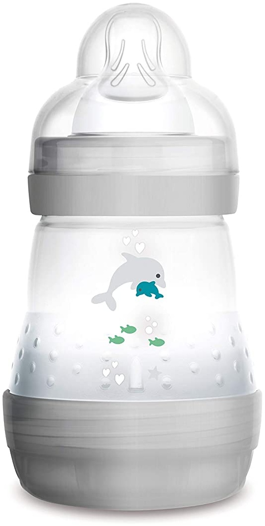 MAM Easy Start Anti-Colic Babyflasche (160 ml) – Milchflasche mit Bodenventil gegen Koliken – Baby Trinkflasche mit Sauger Größe 1, ab der Geburt, Delphin, grau