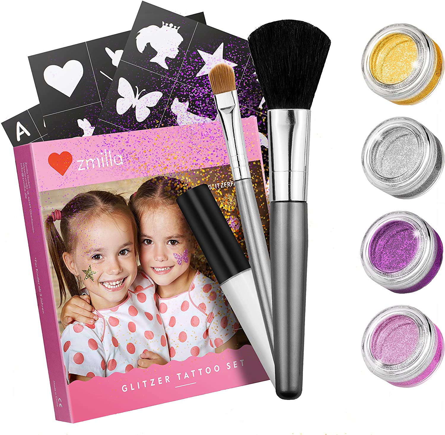 ZMILLA® Glitzer Tattoo Set Kinder (4 Farben | 52 Schablonen) Für Mädchen - Glitzertattoos mit extra großen Dosen (Je 3g) - Inkl. 2 Pinsel & Kleber