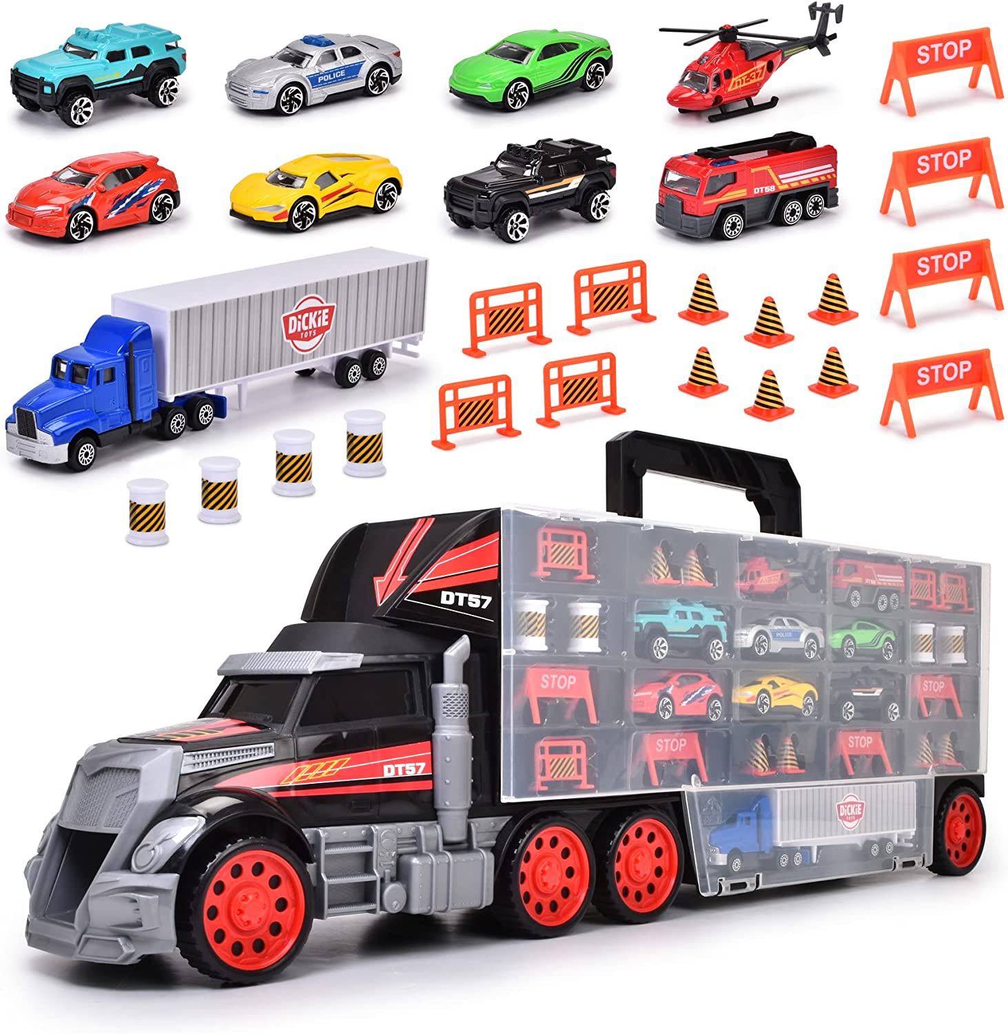 Dickie Toys 203749023 Carry Case, Truck mit Tragegriff inkl. 7 Spielzeugautos und Helikopter & Zubehör, 62 cm, ab 3 Jahren